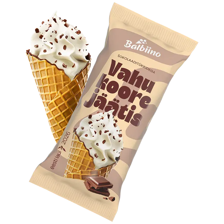 Balbiino Vahukoorejäätis Šokolaaditükkidega Vahvlikoonuses 85 g