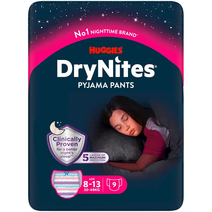 Huggies DryNites mähkmed tüdrukutele vanuses 8-13 a. 30-48kg 9tk