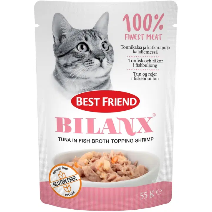 Best Friend Bilanx täissööt kassidele kanapuljongis tuunikala ja krevettidega, 55 g