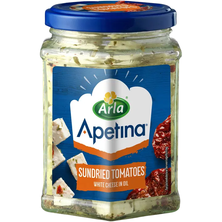 Arla Apetina vahemerepärase valge juustu kuubikud maitseõlis päikesekuivatatud tomatitega 265g/140 g