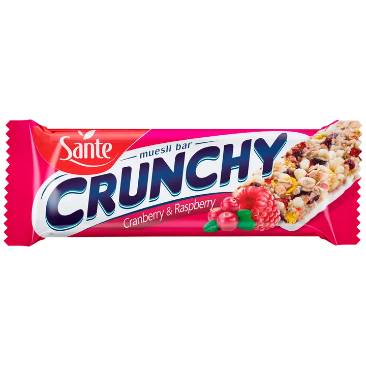 Sante CRUNCHY jõhvika-vaarika müslibatoon, vaniljemaitselise glasuuriga 40g