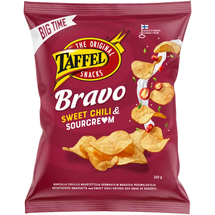 Taffel Bravo sourcream & sweet chili kryddade chips 260g