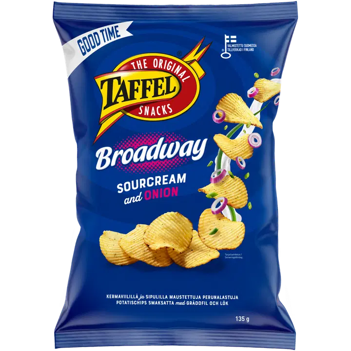 Taffel Broadway sourcream & onion kryddade chips 135g