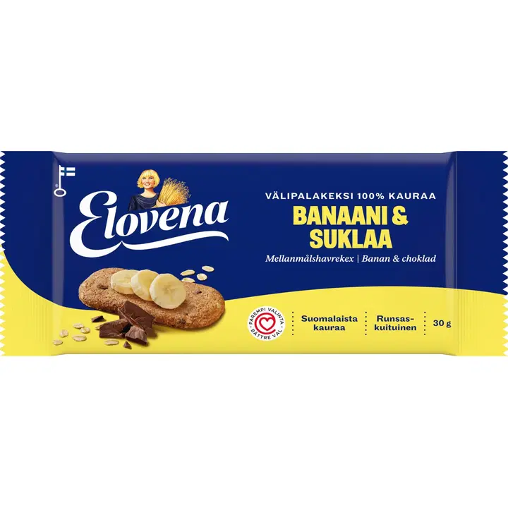Elovena banaani- ja šokolaadimaitseline küpsis täisterakaerast (100%) 30 g