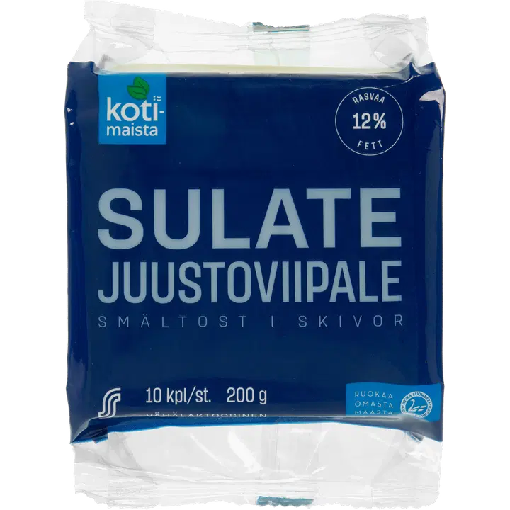 Kotimaista vähese laktoosisisaldusega sulatatud juustu viilud (12%), 200 g