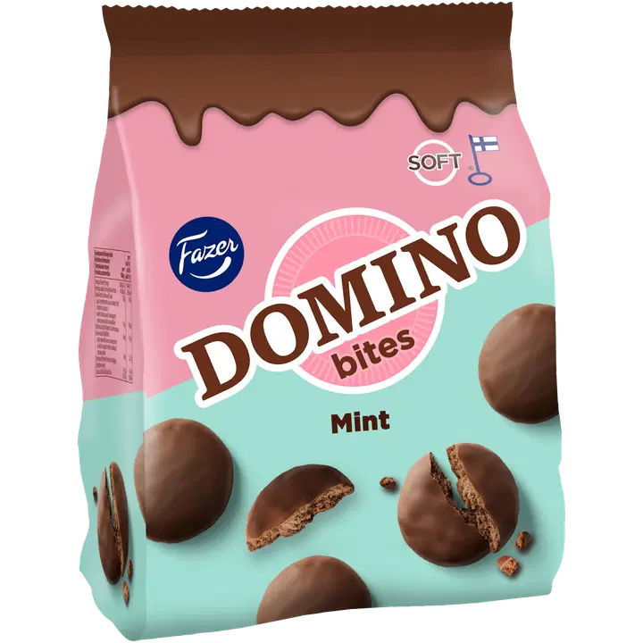 Fazer Domino piimašokolaadiga (33%) kaetud piparmündimaitselised kakaoküpsised, 185g