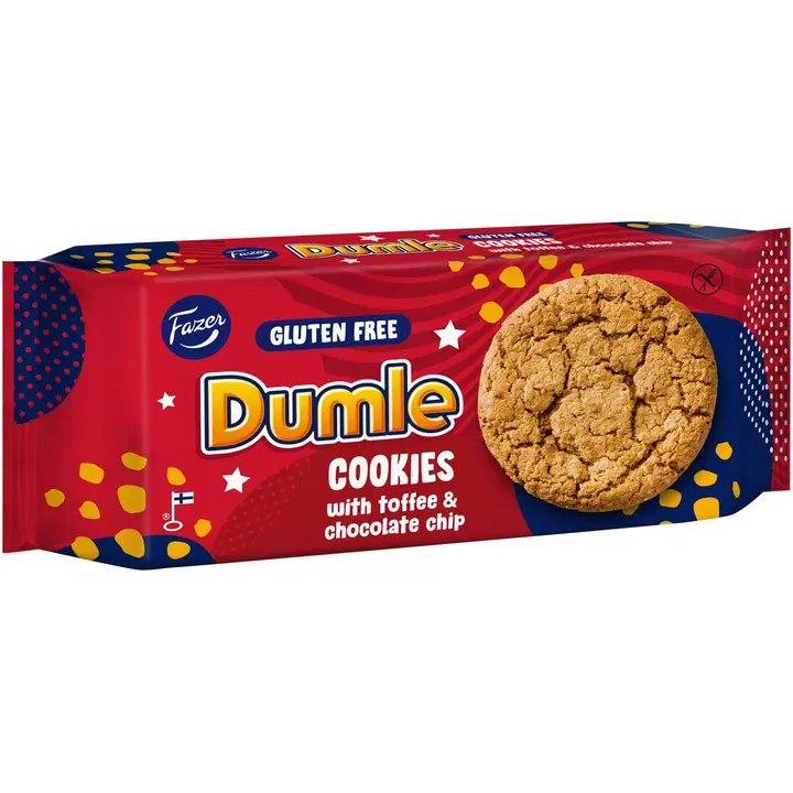 Fazer Dumle Cookies, gluteenivabad toffee-maitselised kaeraküpsised toffee- (12%) ja šokolaaditükkidega (4%), 140 g