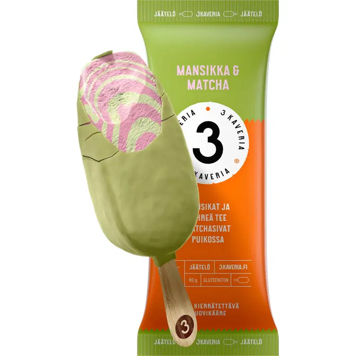 3 Kaverin Maasika- ja Matchamaitseline Pulgajäätis 80 g/110 ml