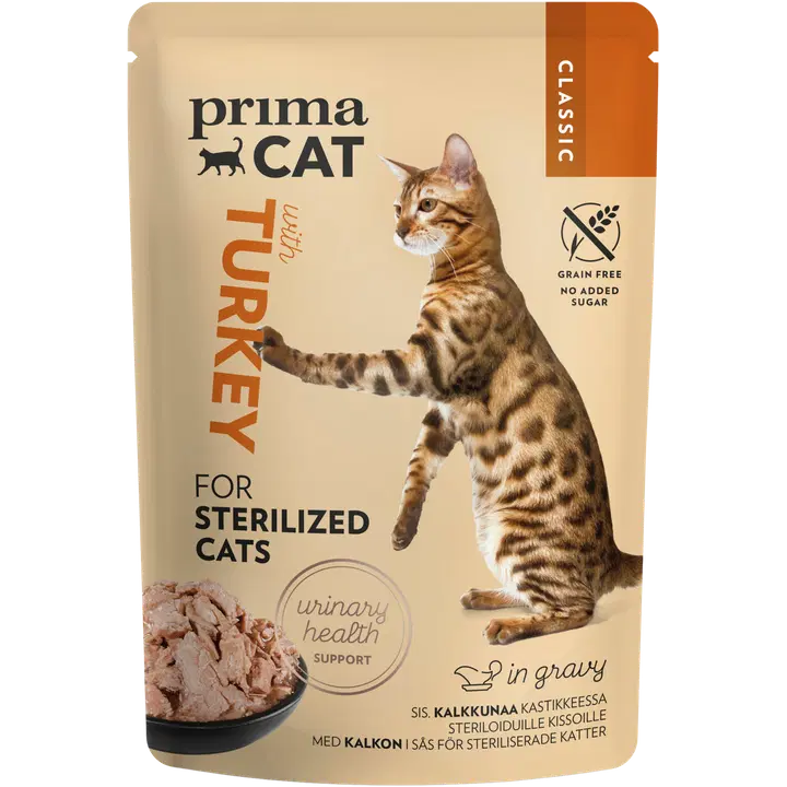 PrimaCat Classic kassitoit steriliseeritud kassidele kalkunilihaga kastmes 85g
