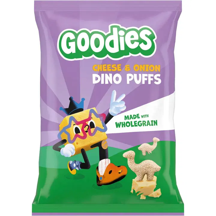Goodies Dino Puffs snäkid juustu ja sibulaga, 3+a, 30g