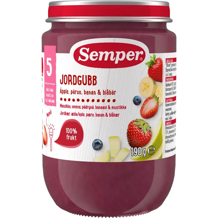 Semper maasika-õuna-pirni-banaani-mustika puuviljapüree 5k 190g