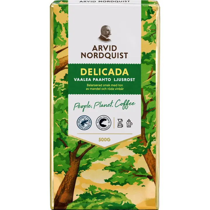 Arvid Nordquist DELICADA filterkohv 500G Kerge röst. Marjane, pehmelt täidlane. 100% Araabika. Kasutus:7 g kohvi / 1,25 dl kuum vesi