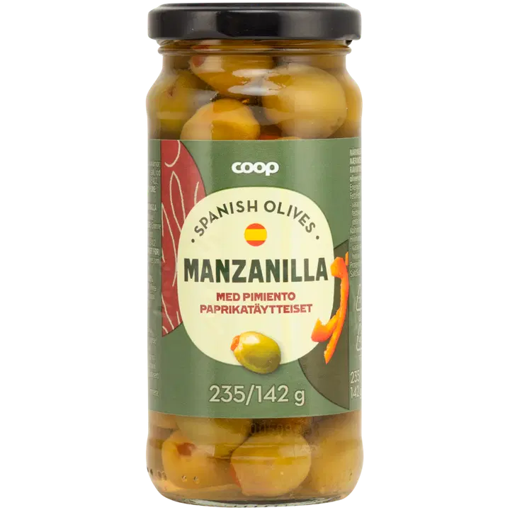 Coop Manzanilla rohelised oliivid paprikatäidisega, 235 g