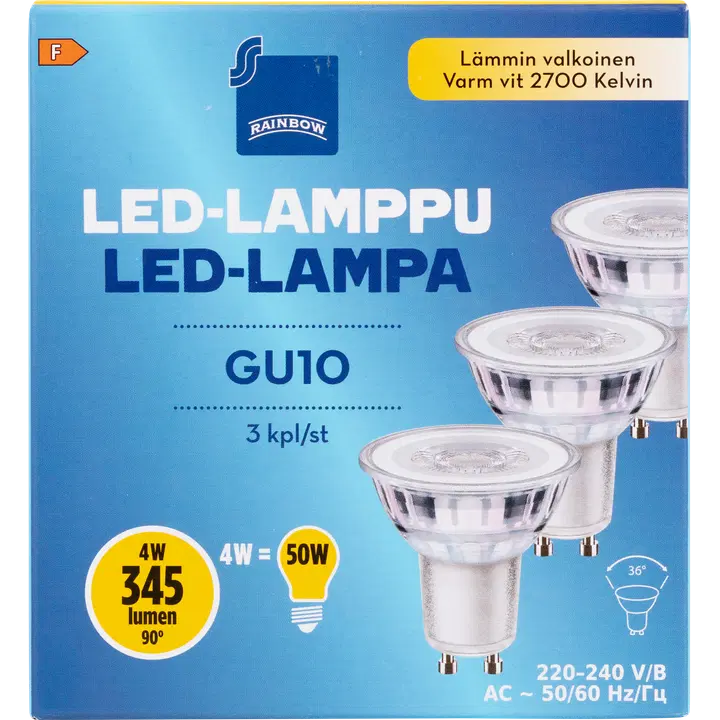 Rainbow LED-lamp 3,6W GU10 2700K 350LM, 3 tk