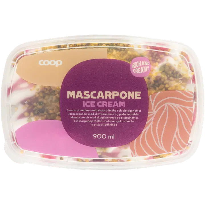 Coop Gourmet Mascarponejäätis Pistaatsiapähklite ja Metsamarjakastmega 900 ml