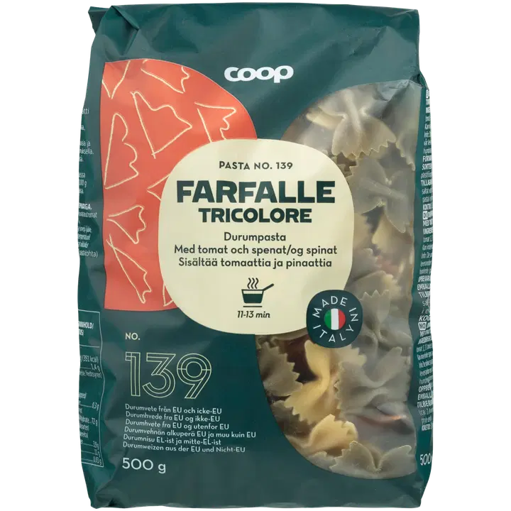 Coop farfalle durumpasta tomati ja spinatiga 500g