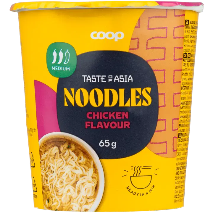 Coop kiirnuudlid(86%) ja maitseainesegu kanamaitse (8,5%), maitseõli ja tšilliga 65g