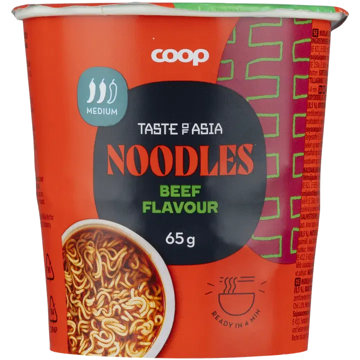 Coop nuudlid (86%) ja maitseainesegu veiselihamaitse (8,5%), maitseõli ja tšilliga 65g