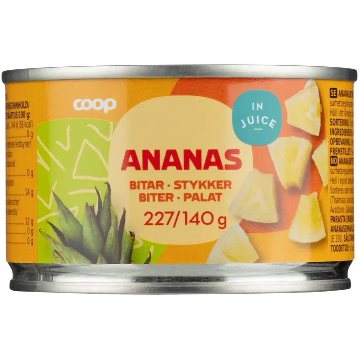 Coop ananassitükid ananassimahlas 227/140g