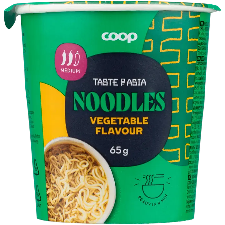 Coop nuudlid (86%) vürtsisegu ja köögivilja maitsega (8,5%), maitseõli ja tšilliga 65 g