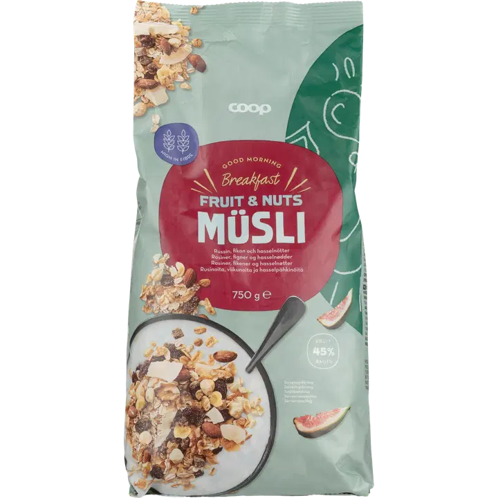 Coop müsli täisterahelvestest, rosinatest 25%, viigimarjadest 8%, sarapuupähklid 4%, banaanilaastudest 2% ja kookoslaastud 2% 750g