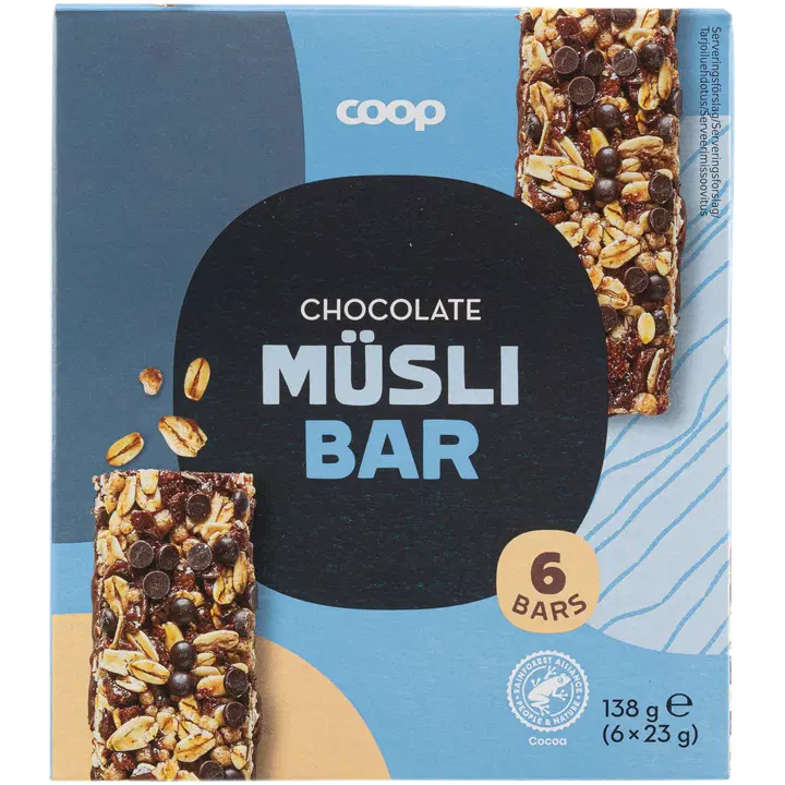 Coop müslibatoon piimašokolaadiga 14% ja tumeda šokolaadi tükkidega 3% 6x23g