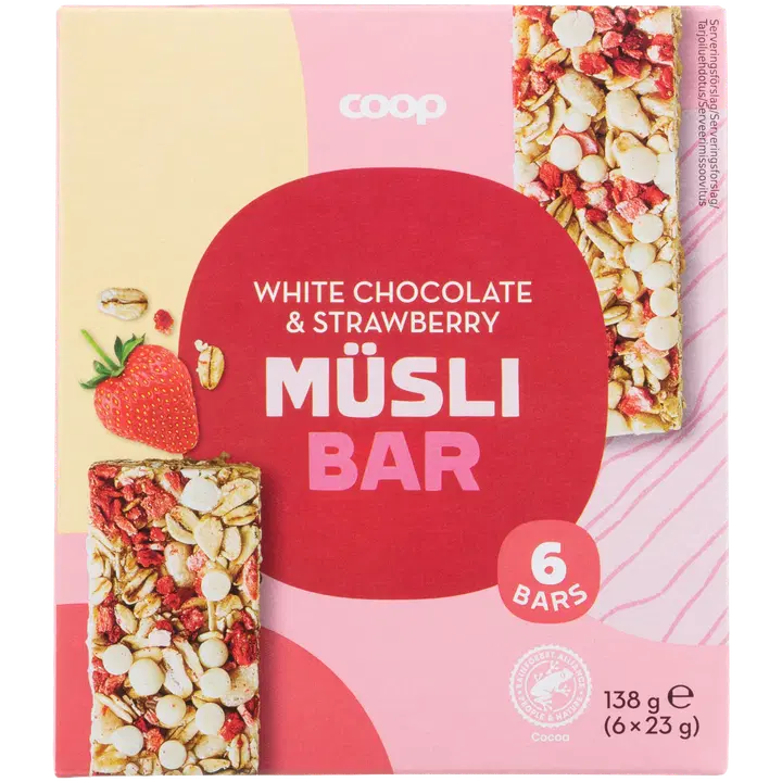 Coop müslibatoon jogurtipulbriga valge šokolaadi tükkidega 3% ja külmkuivatud maasikatükkidega 1% 138g