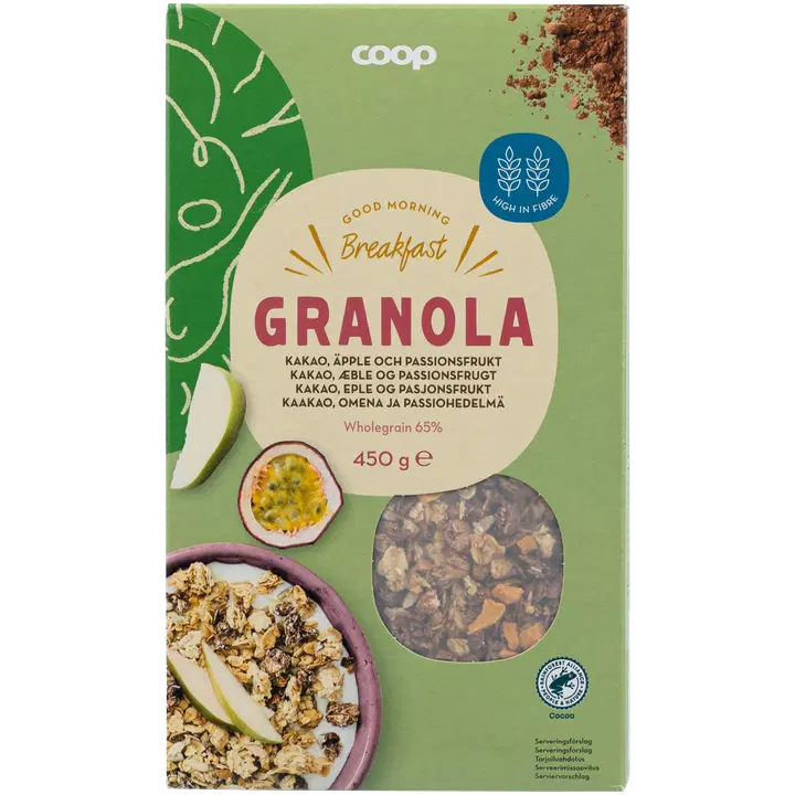 Coop granola külmkuivatatud õuna- ja passionitükkidega 1,5% ja kakaoga 1% 450g