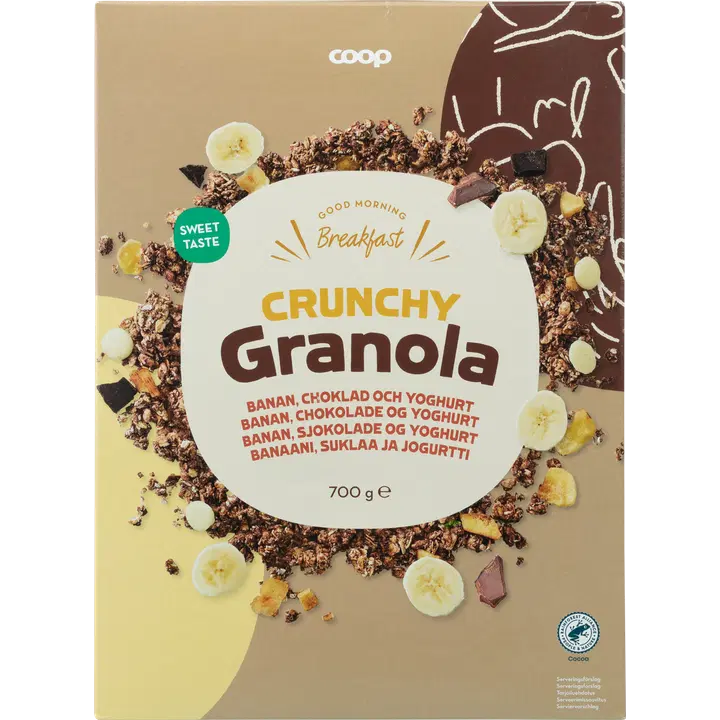 Coop magus granola banaanilaastutükkidega 8%, jogurtiga 7%, tumeda šokolaadiga 2% ja piimašokolaadiga 2% 700g