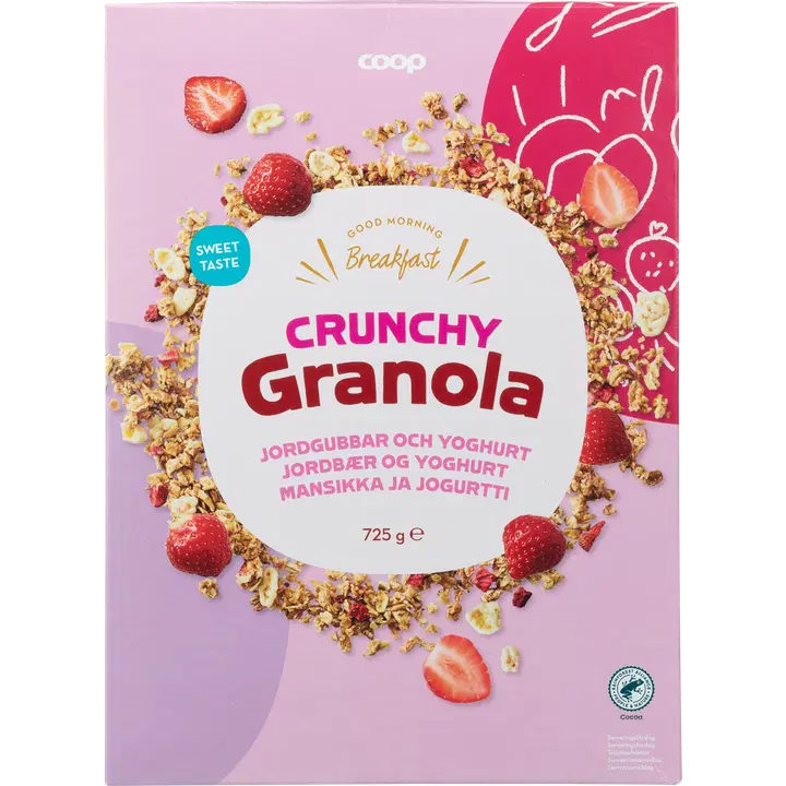 Coop magus granola jogurtikattega maisihelvestega 6% ja külmkuivatud maasikatükkidega 1,5% 725g
