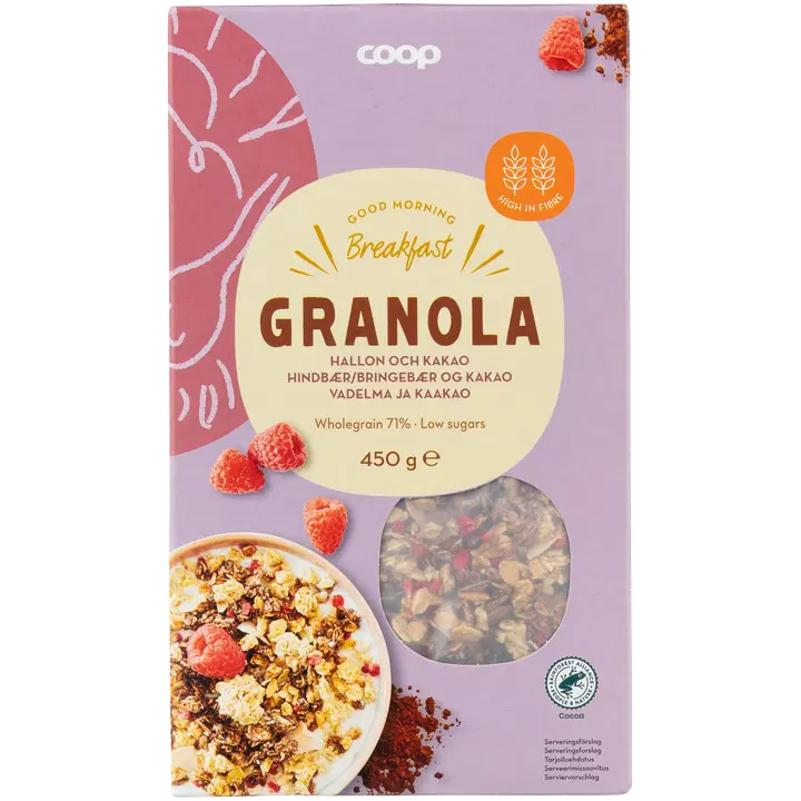 Coop granola külmkuivatatud vaarikatükkidega 2% ja kakaopulbriga 1,6%  450g