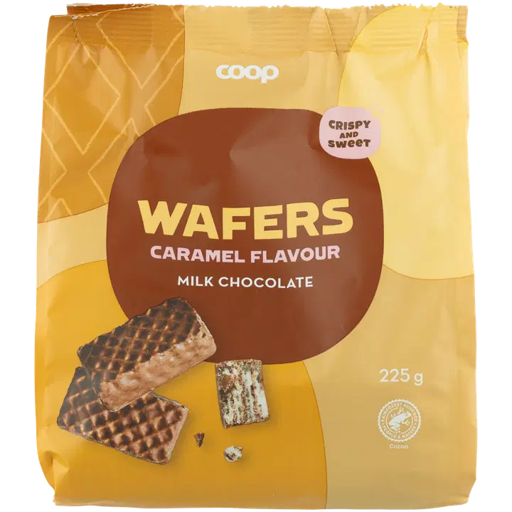Coop kakao- ja karamellimaitselised vahvlid piimašokolaadikatte 42 % ja kreemitäidisega 38 % 225g