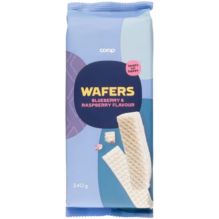 Coop mustika- ja vaarikamaitselised vahvlid kreemitäidisega 69 % 240g