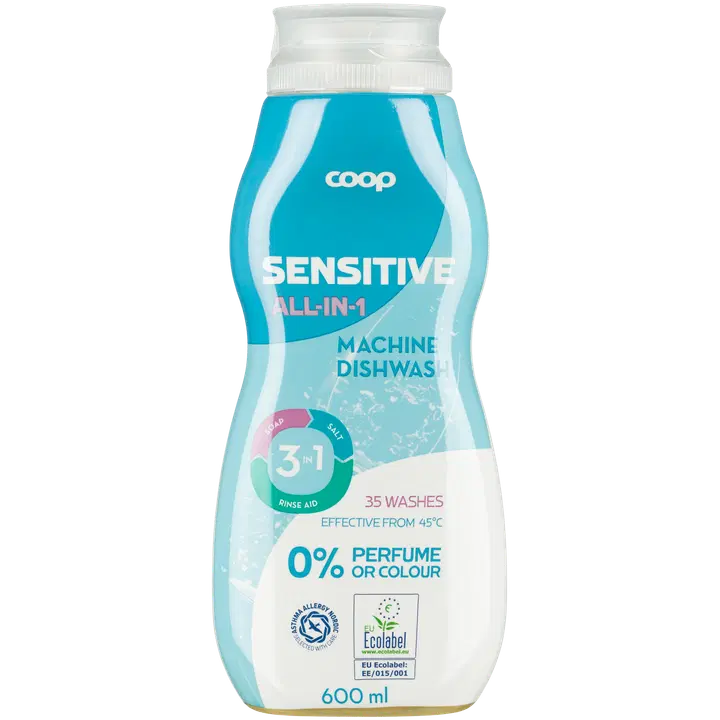 Nõudepesumasina geel Coop Sensitive allin1 600ml