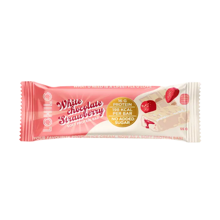 Pehme proteiinibatoon valge šokolaadi ja maasikatega 55g