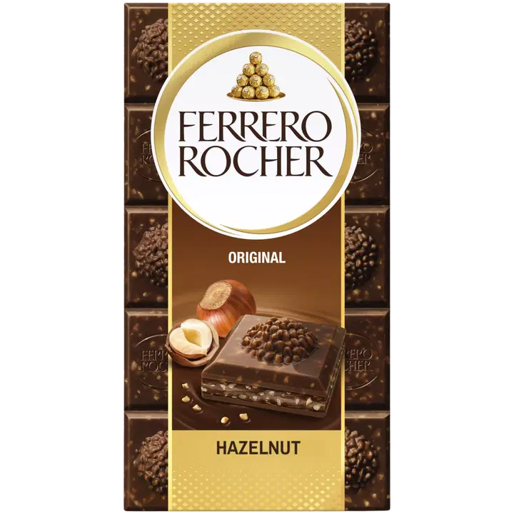 Ferrero Rocher Original -maitosuklaalevy 90g. Täytettyä maitosuklaata (60%) hasselpähkinätäytteellä (37%) ja hasselpähkinän paloilla.