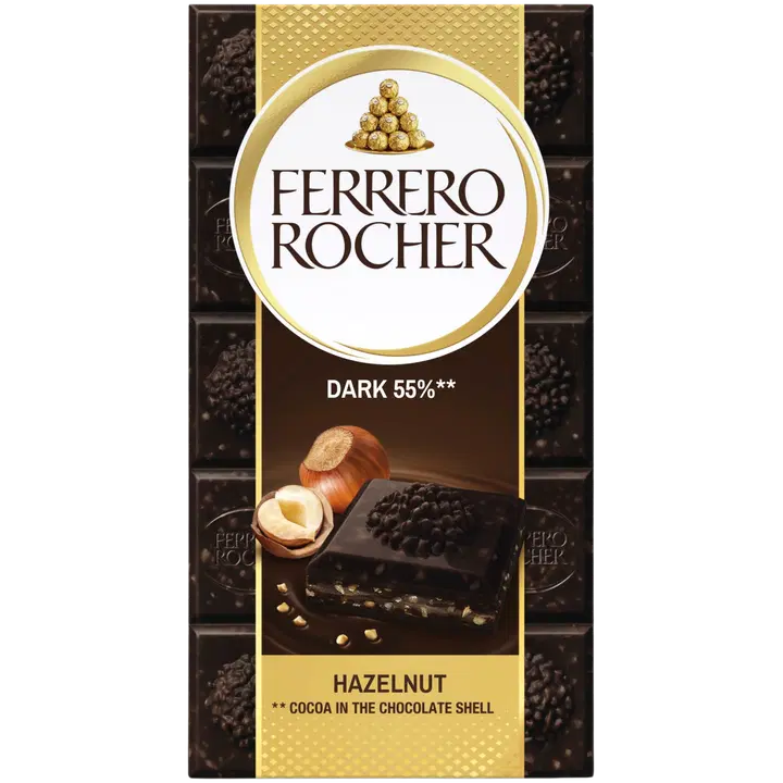 Ferrero Rocher -tummasuklaalevy 90g. Täytettyä tummasuklaata (60 %) hasselpähkinätäytteellä (37 %) ja hasselpähkinän paloilla.