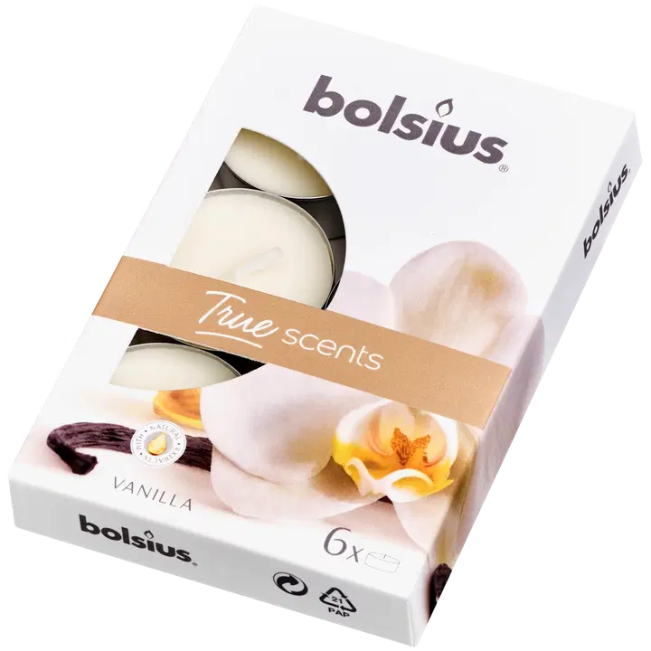 Bolsius 6 lõhna-teeküünalt karbis 4h Vanilje True