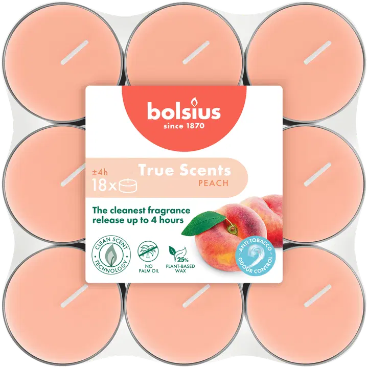 Teeküünal Bolsius 4h Virsik 18tk