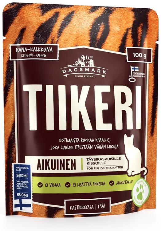 Dagsmark TIIKERI kotimainen kissan märkäruoka kanaa ja kalkkunaa kastikkeessa, viljaton 100 g