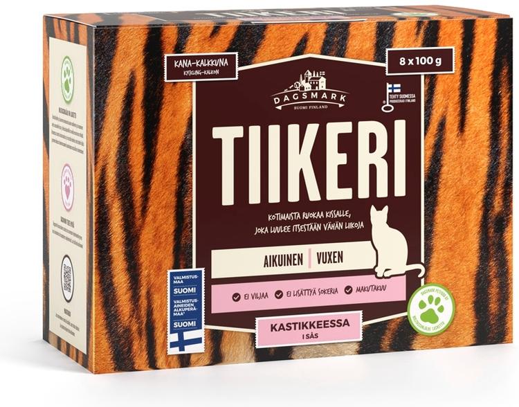 Dagsmark TIIKERI kotimainen kissan märkäruoka kanaa ja kalkkunaa kastikkeessa, viljaton monipakkaus 8 x 100 g