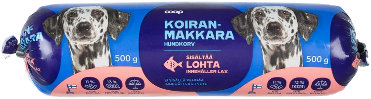 Coop koiranmakkara sisältää lohta täysrehu 500 g