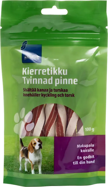 Rainbow 100g kierretikku koiralle, sisältää kanaa ja turskaa