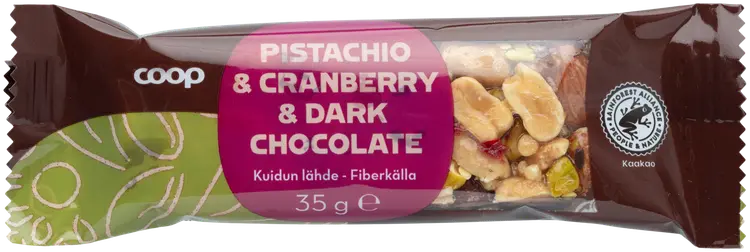 Coop pähkinä-hedelmäpatukka pistaasi, karpalo ja tumma suklaa 35 g