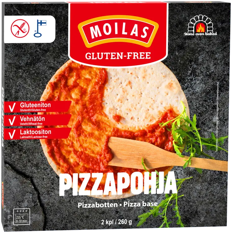 Moilas Gluten-Free, Gluteeniton Pizzapohja 2 kpl/260 g, pakaste