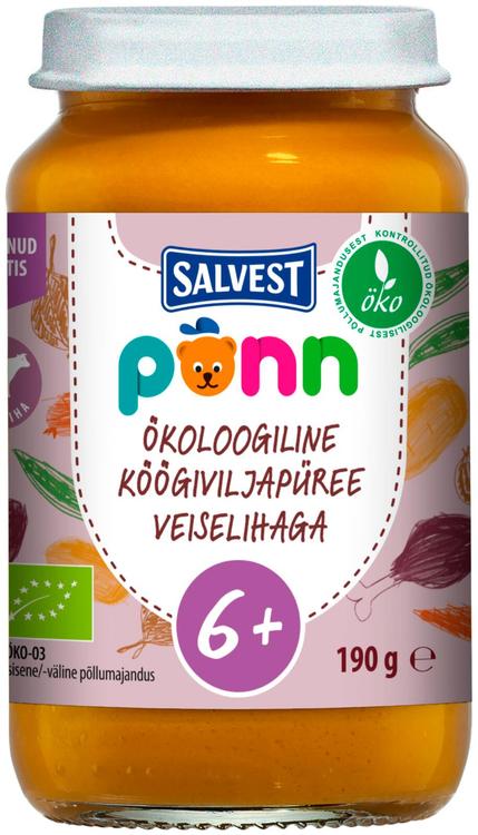 Põnn Ökoloogiline Köögiviljapüree veiselihaga 190 g, alates 6-elukuust