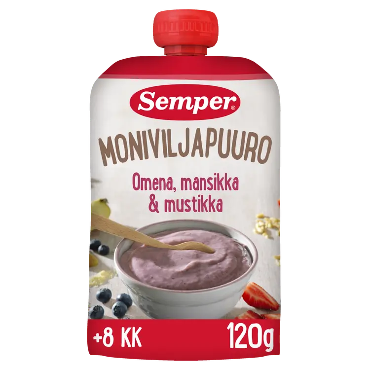 Semper Moniviljapuuro Omena mansikka & mustikka 8kk käyttövalmis lastenpuuro 120g