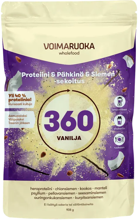 Voimaruoka 360 Wholefood vaniljan makuinen proteiini-siemensekoitus 908g
