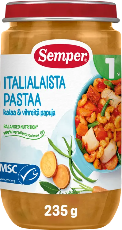 Semper Italialaista pastaa, kalaa & vihreitä papuja 1v lastenateria 235g