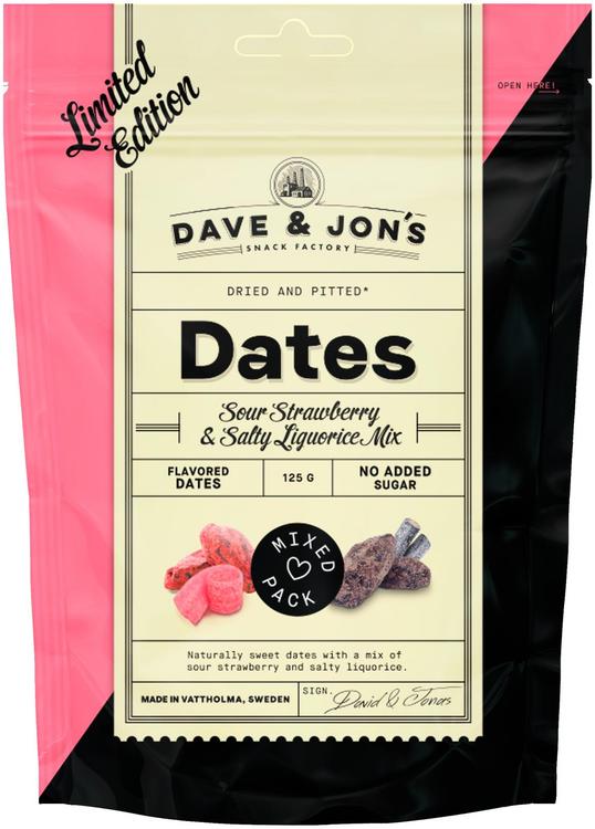 Dave & Jon´s taatelit kirpeä mansikka & suolainen lakritsi sekoitus 125 g
